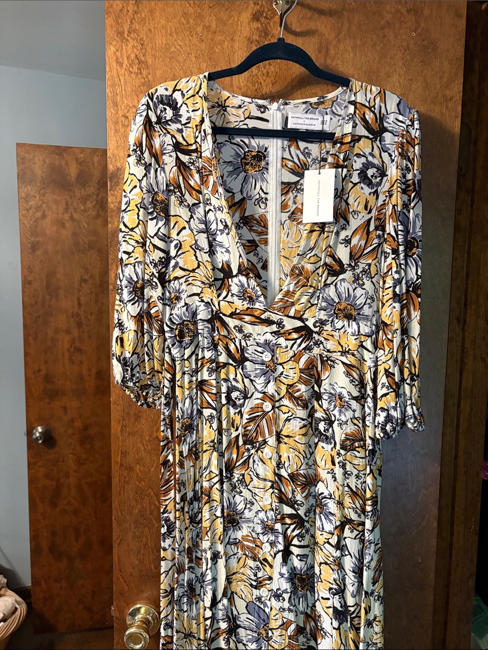 Anthropologie Yellow White Black Floral Midi Dress